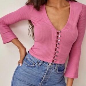 Reformation Geller Ribbed Knit Button Front Top Cropped Pink